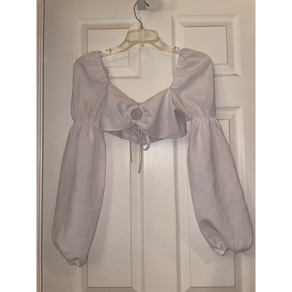 H&M Divided White Balloon Sleeve Crop Top O-Ring Smocked Milkmaid Blouse Small